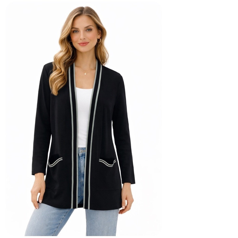 Exclusively Misook Petite Open Front Long Sleeve Black Cardigan Size XS